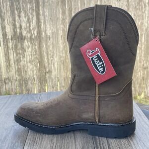 Justin Western Boots Men 8D Brown Leather Water Buffalo Safety EH SR MJ1015 NEW